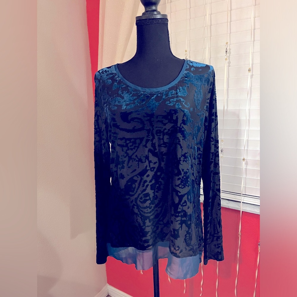 Vera Wang long sleeved Sheer Blue & Black Burnt Velvet blouse size large
